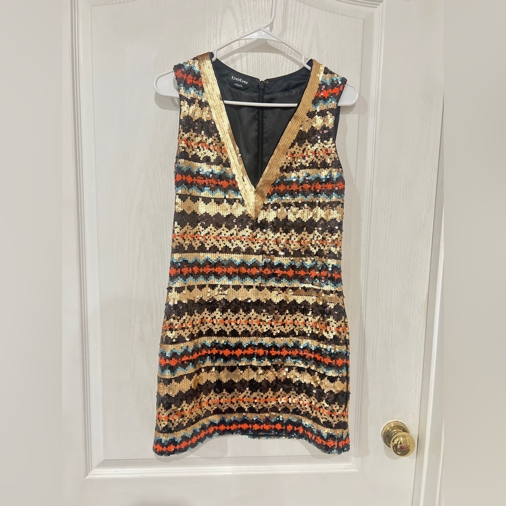 Bebe Gold and Black Sequin Mini Dress